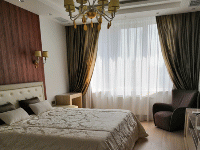Шторы в стиле неоклассика в спальне, квартира Москва ЖК Розмарин